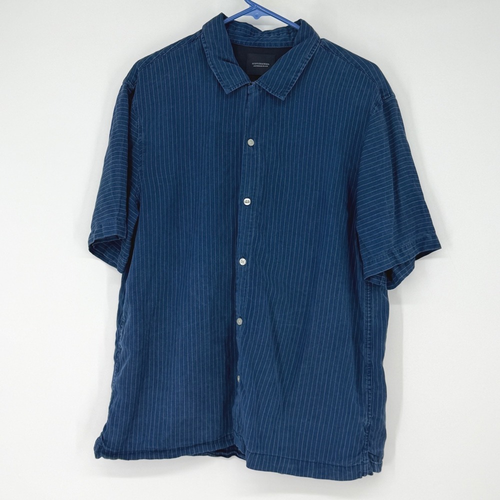 Scotch & Soda Mens Blue Pinstripe Short Sleeve Button Up Shirt Tencel Size L